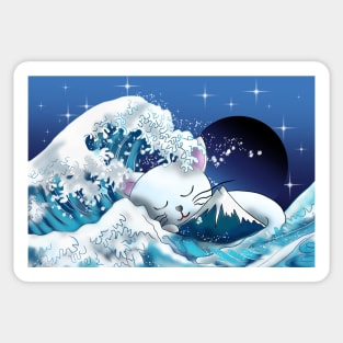 Cat sleeping behind Mount Fuji and the wave off Kanagawa Sticker